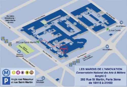 Plan d'accès aux Mardis de l'Innovation, CNAM, Paris, France